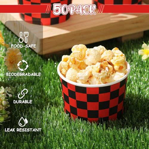 Image of Zopeal 50 Count Red and Black Checkered Ice Cream Cups 9 oz Race Car