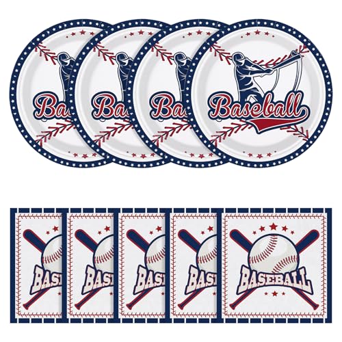 NatNarr 50 Pcs Baseball Plates and Napkins Disposable Baseball Party Supplies Baseballs Themed Birthday Party Decorations Include 7 Inch Baseballs Plates and 6.5 Inch Paper Napkins