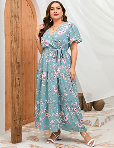 Image of ShopWonder Womens Plus Size V Neck Wrap Maxi Dress High Waist Ruffle Summer Casual Dress with Belt