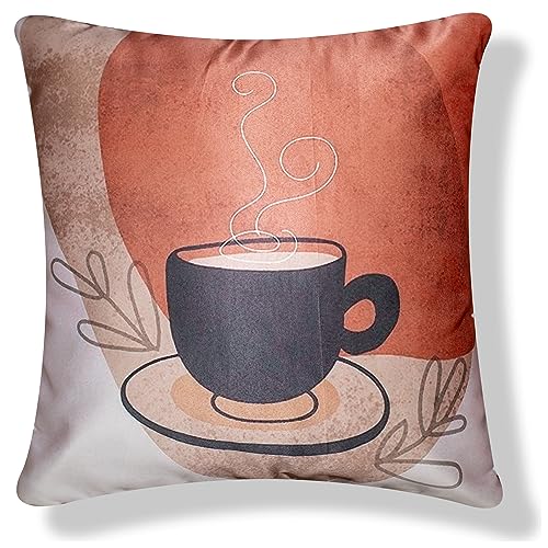 Image of Decorative Satin Sofa Cushion Covers Set of 5, 16 inch x 16 inch, Sofa Cushion Pillow Cover, Brown and White, Tea Time Design, Zipper Closure (Lunar, 16X16 Inches)