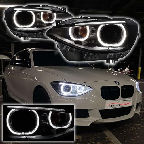 Ultimate Styling Black Inner Projector Angel Eye Headlights With LED Daytime Running Lights Compatible with BMW 1 Series F20 F21 2011-2015 Models