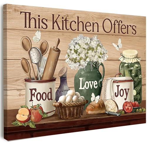 Canvas Wall Art Framed Rustic Farmhouse Kitchen Wall Decor for Dining Room Breakfast Nook Pantry Coffee Bar or Country Cottage Home Decoration Food Quote Print with Hooks and Nails 12x16 Inch