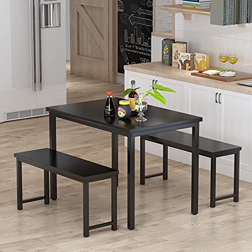 Image of AWQM Dining Room Table Set, Kitchen Table Set with 2 Benches, Ideal for Home, Kitchen and Dining Room, Breakfast Table of 47.2x28.7x29.5 inches, Benches of 41.3x11.8x17.7 inches, Black