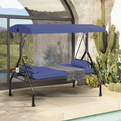 Image of SUNCROWN Outdoor 3 in 1 Porch Swing Chair, 3 Seat Patio Swing Glider with Adjustable Canopy, Heavy Duty Swings with Thickened Cushions, Pillows & Cup Holders for Backyard, Porch, Garden,Dark Blue