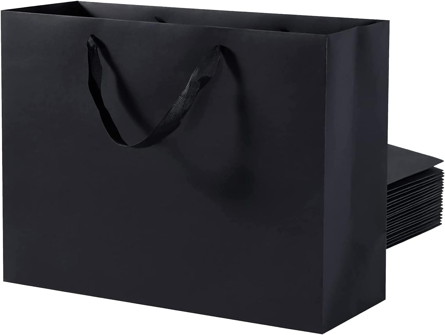 Large Black Gift Bags 50pcs, 16''×6''×12'' Gift Bag Large Size with Ribbon Handles Reusable Heavy Duty Kraft Black Paper Bags Bulk for Shopping, Wedding, Party, Gift, Retail