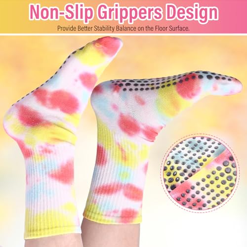 10 Pairs Tie Dye Socks for Women Pilate Yoga Socks Non Skid with Grip Colorful Cushioned Soft Cotton for Slipper Athletic Barre Ballet Dance, Size 36-423