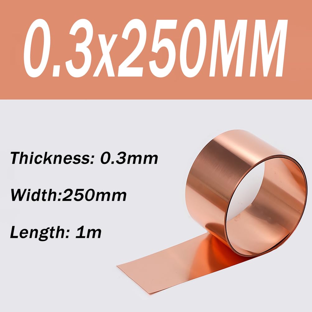 Striscia di Rame T2 Larghezza 250 mm Lamina Metallica Conduttiva Rotolo Lastra di Rame Rosso per Fai-da-Te Riparazioni Ingegneria Lavori Industriali,0.3x250mm
