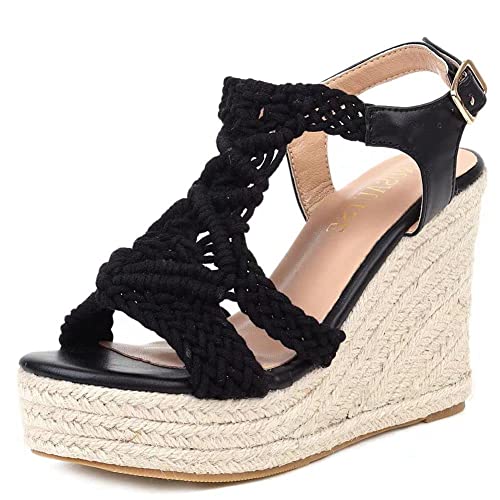 Image of Women's Woven Espadrille Wedge Sandals Bohemian Braided Open Toe Summer Shoes with Adjustable Strap 3.9 inch Platform Heel for Wide Feet, Comfortable Walking