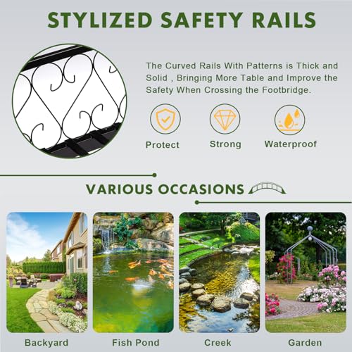 8 FT Garden Bridge, Metal Arc Footbridge with Safety Siderails, Decorative Black Iron Pond Bridge for Outdoor Patio Yard Backyard Creek Farm