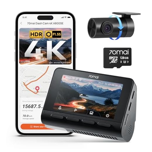 70mai A800SE Dashcam Auto Vorne Hinten 4K 2160P+1080P mit GPS WiFi, Dual Autokamera inkl.128GB SD Karte, F1.55 Blende HDR, 24/7 Parküberwachung, Nachtsicht, ADAS, 3-Zoll-IPS, Bis 512 GB Max