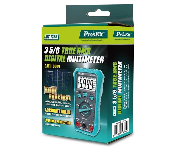 Pro'sKit Tools Solutions MT-1236 True RMS Digital Multimeter LCD Display 3 5/6 5999 Counts for ACA, ACV, DCA, DCV, Frequency, Cycle Duty, Diode Test and More(MT-1236)
