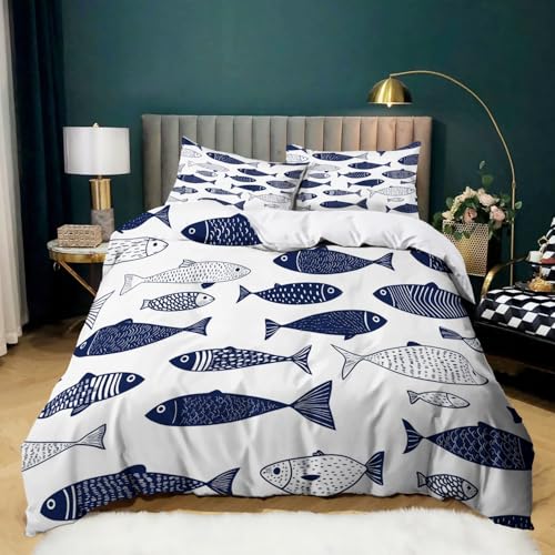 Housse de Couette 140x200 cm Poisson D'Océan Abstrait, Parure de Lit Imprimée Bleu Marine pour 1 Personnes, Housses de Couette 3 Pièces en Microfibre Douce et...