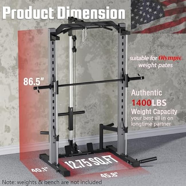 OPPSDECOR All-in-One Adjustable Smith Machine with LAT-Pull Down System Multi-Function Power Cage for Home Gym Cable Crossover Squat Rack of Workout Machine Training Equipment with Attachments