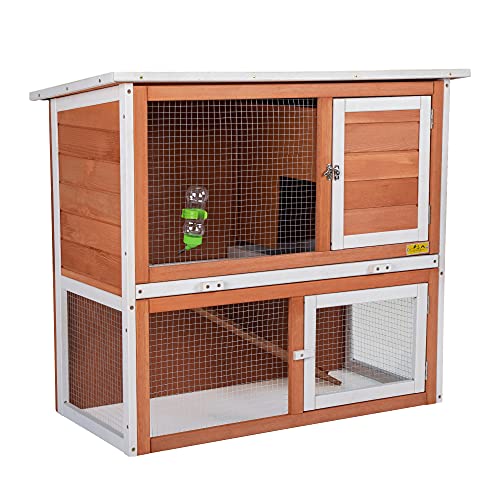 COZIWOW 2-Tier Wood Rabbit Hutch Indoor/Outdoor Cute Bunny Cage for Small Animals 36 Guinea Pig Hamster Hutch Duplex Rabbit Shelter House with Open Sloped Roof Run Ramp Water Bottle Orange