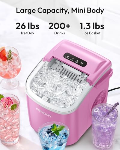 EUHOMY Machine à glace de comptoir avec poignée, 26lbs Par jour, 9 Cubes de glace prêts en 6 Mins, fabricant de glace portable auto-nettoyant avec panier et scoop, pour la maison/cuisine/camping/RV (pink)