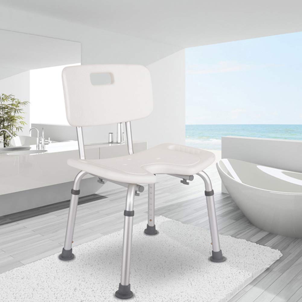 Aluminio Silla de Ducha con Respaldo y Reposabrazos,Antideslizantes Tipo-U Asiento de Ducha-Regulable en Altura,para Personas Mayores(Blanco)