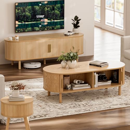 Image of ZttRiee Oval Coffee Table with Sliding Doors, Modern, Natural | 47.24 inchL x 21.65 inchW x 16.14 inchH, 200 lbs capacity, 2 front & back storage areas, ~60 min assembly
