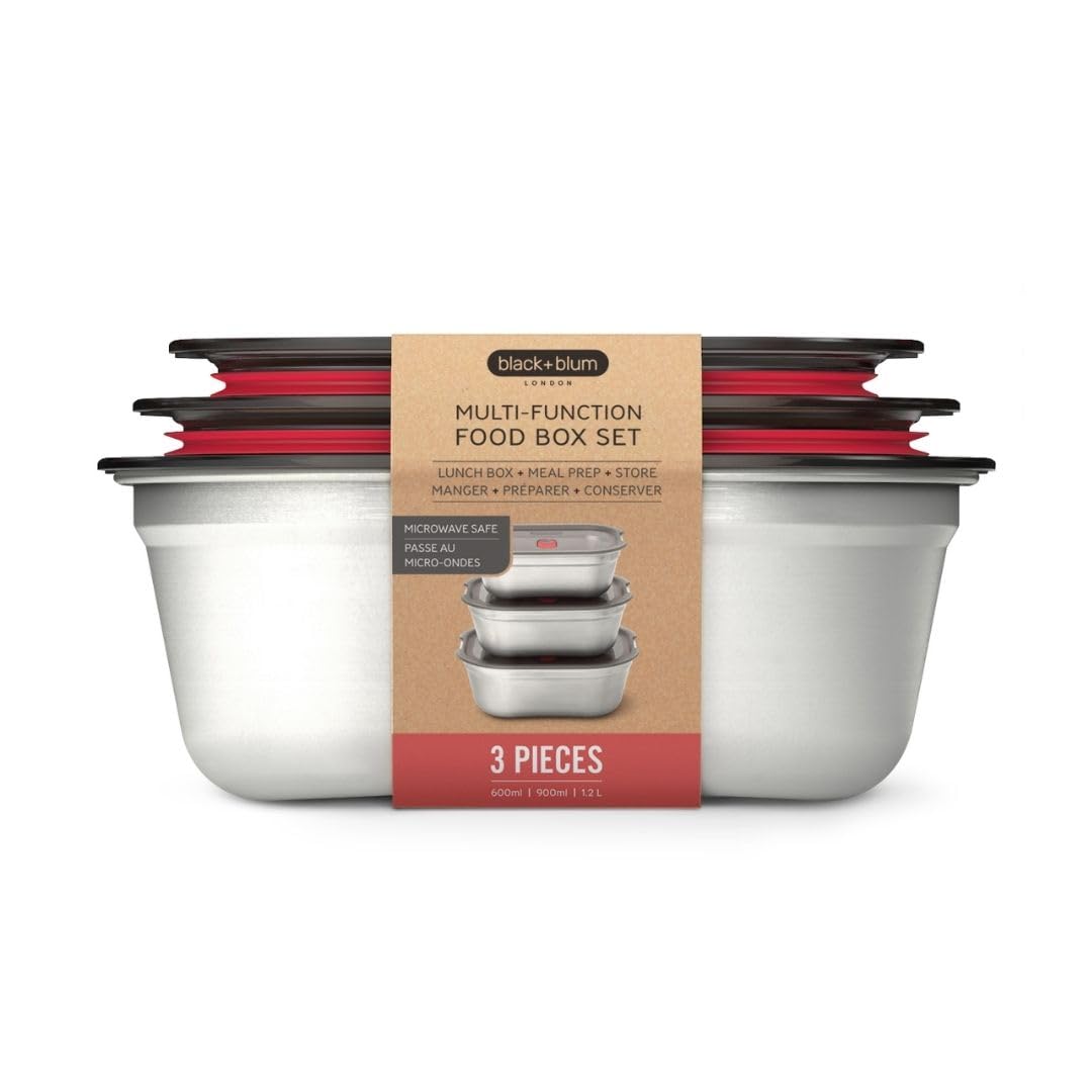 BLACK + BLUM Multifunktions Lunchbox Edelstahl Set 600, 900, 1200 ml, 100% auslaufsichere Meal Prep Boxen Vakuumverschluss, Backofen-, Gefrier-& Mikrowellenfest, BPA freie Brotdose Erwachsene & Büro
