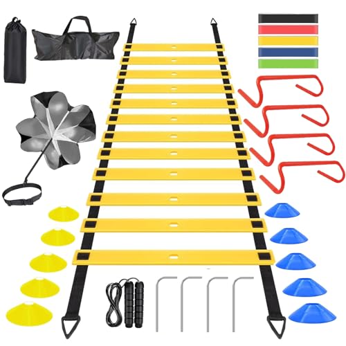Allucky Speed & Agility Training Set Agility Ladder Speed Training Equipment-20ft Agility Ladder,10 Soccer Cones,4 Hurdles, Jump Rope, Running Parachute Basketball Football Soccer Training Equipment