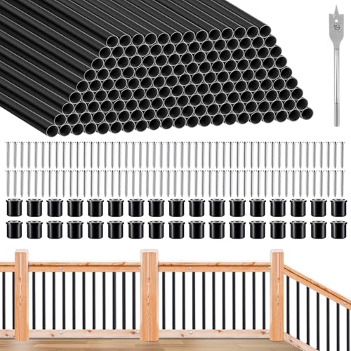 Yaocom 121 Pcs 32 Inch Aluminum Deck Balusters Bulk 3/4 Diameter Black Metal Railing Hollow Round Outdoor Porch Spindles Indoor Staircase Railing for Wood and Composite Deck