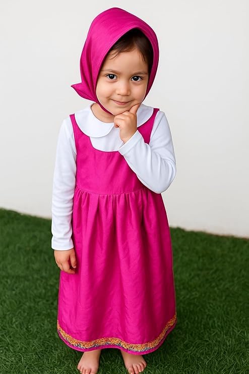 Image of Collection Girls' Costume Dress with Hood, Pink and White, Gold Trim Detail, Cartoon Character-Inspired