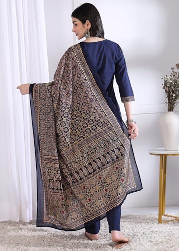 Image of Vbuyz Women Ajrakh With Yoke design Cotton Straight Kurta Set With Dupatta