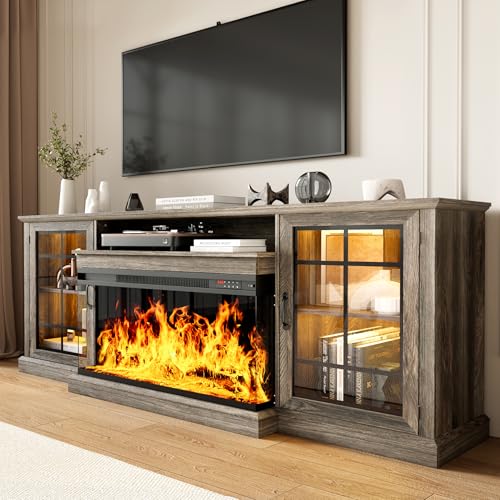 Image of MXV 80'' Fireplace TV Stand, Farmhouse Entertainment Center with 3 Sided Glass TV Stand, Modern Media Console Table with Storage Drawers & Cabinets with LED Flame and Lights for Living Room, Gray