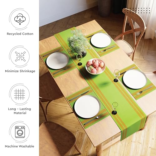Image of Encasa XO Dining Table Runner for 4 to 6 Seater| Yarn Dyed Fine Ribbed Cotton | Size 32x137 cm | Ladder Green | Machine Washable