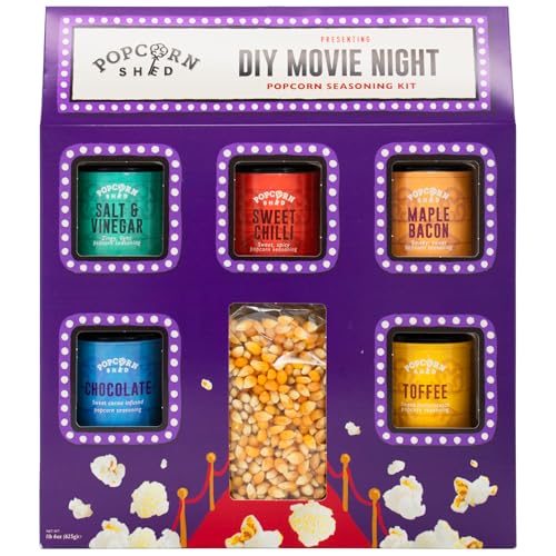 Popcorn Shed DIY Movie Night Popcorn Seasoning Kit (5 Seasonings & 500g Popping Kernels) - Sweet & Savoury Popcorn Seasonings, Easy & Low Calorie Snack, Perfect for Parties, Movie Nights & Gifting