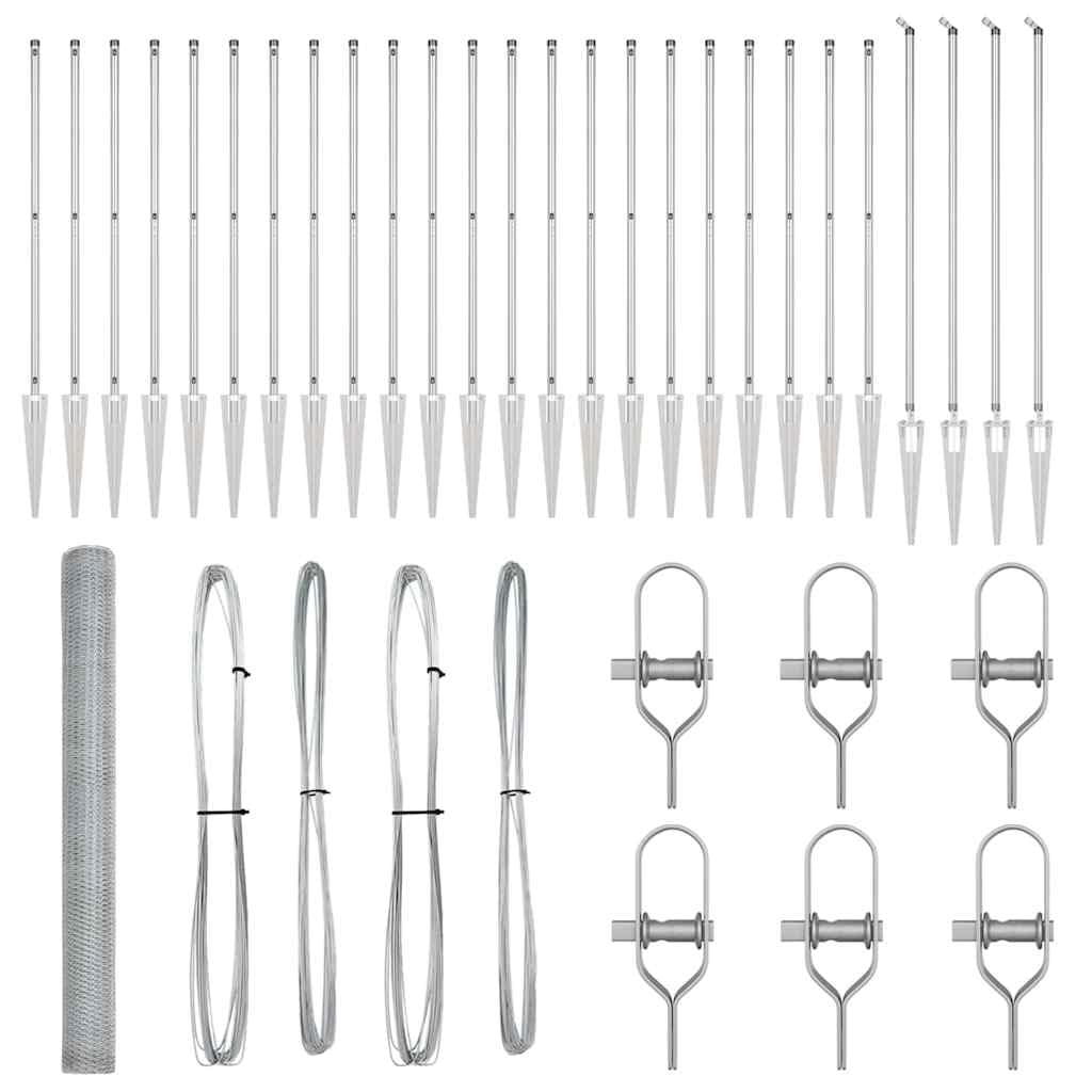 Steel Fence Post Silver 50 x 1.5 m 25 mm Mesh Outdoor Garden Security Barrier Set with 52 Spike Posts Weather Resistant Corrosion Proof for Terrace Yard Enclosure