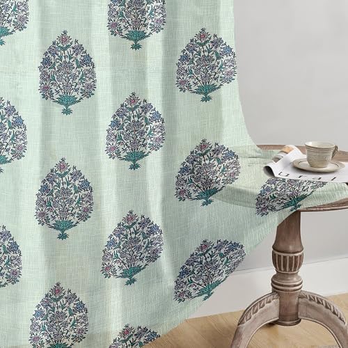 Image of Cortina Linen Printed Sheer Curtain Set of 2 Eyelet Ring Hanging, Floral Printed Curtains Non Blackout Light Filtering Curtains (Green, 5FT)