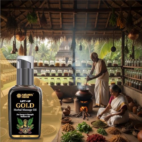 Image of Nature Mania Lift-Up Gold Oil for Men | Ayurvedic Body Massage Oil with Ashwagandha, Satawar, Loung & Musli | 50ml