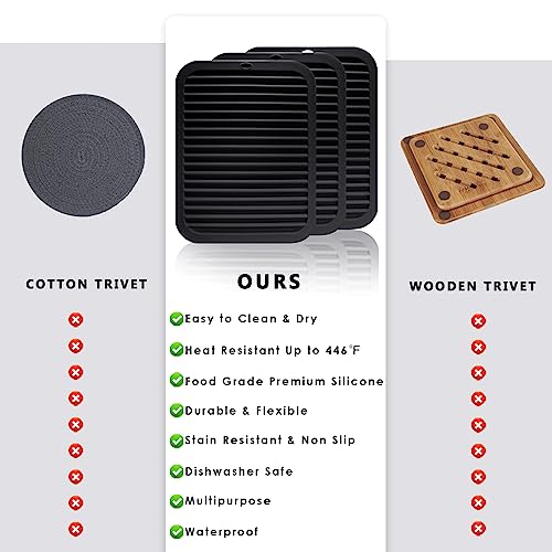 Image of Silicone Trivets for Hot Pots and Pans, 3 Pack Heat Resistant Pot Holders for kitchen Large Silicone Trivet Mat for Hot Dishes, Black Hot Pads for Kitchen Counter, Hot Mats Spoon Rest, 9 * 12 Inches