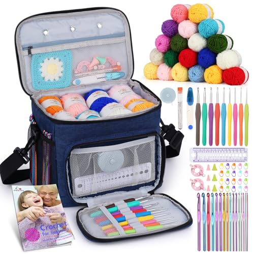 Image of Aeelike Complete Beginner Kit 87PCS, Crochet Kit for Beginners Adults, Navy Portable Yarn Bag, 23 Crochet Hooks,Yarn 20 Colors Skeins, Instruction & Crocheting Accessories
