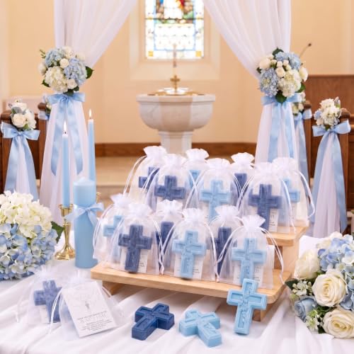 Image of 50 Pack Cross Scented Soap Baptism Favors with Cards Bags Guest Gifts,Blue | Cross Scented Soap Favors with Card and Bag, Ideal Baptism Gift for Boy and Girl, Christening Favor, Baby Shower Party Decor