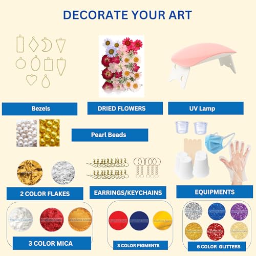 Image of Exploralearn Pro Max Resin Art Kit with UV Resin Combo: UV Resin (25g) & Epoxy Resin (200g) - Alphabet Mould, Jewelry Moulds, UV Lamp, Bezels, Flowers, Glitter, DIY Jewelry Making Kit for Kids & Adults