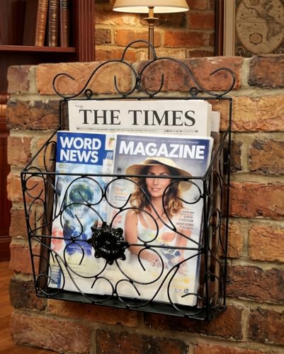 Image of Wall Mounted Hanging File & Magazine Holder - Metal Organizer for Newspapers, Documents & Office Storage | Decorative Rack for Home & Workspace 39x26x10 cm. (Black)