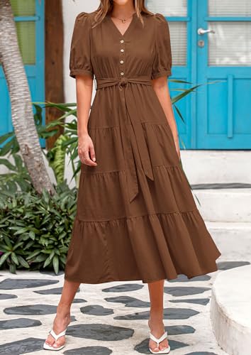PRETTYGARDEN Summer Dresses for Women 2025 Elegant Classy Short Sleeve V Neck Ruffle A Line Belted Long Flowy Beach Dress3