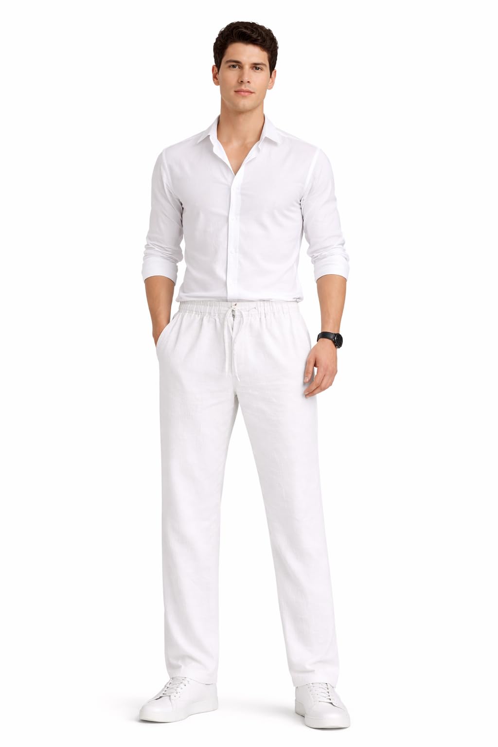White Linen Pants Relaxed Fit, Elastic Waist Drawstring Trouser | Comfortable Summer Casual-image-22