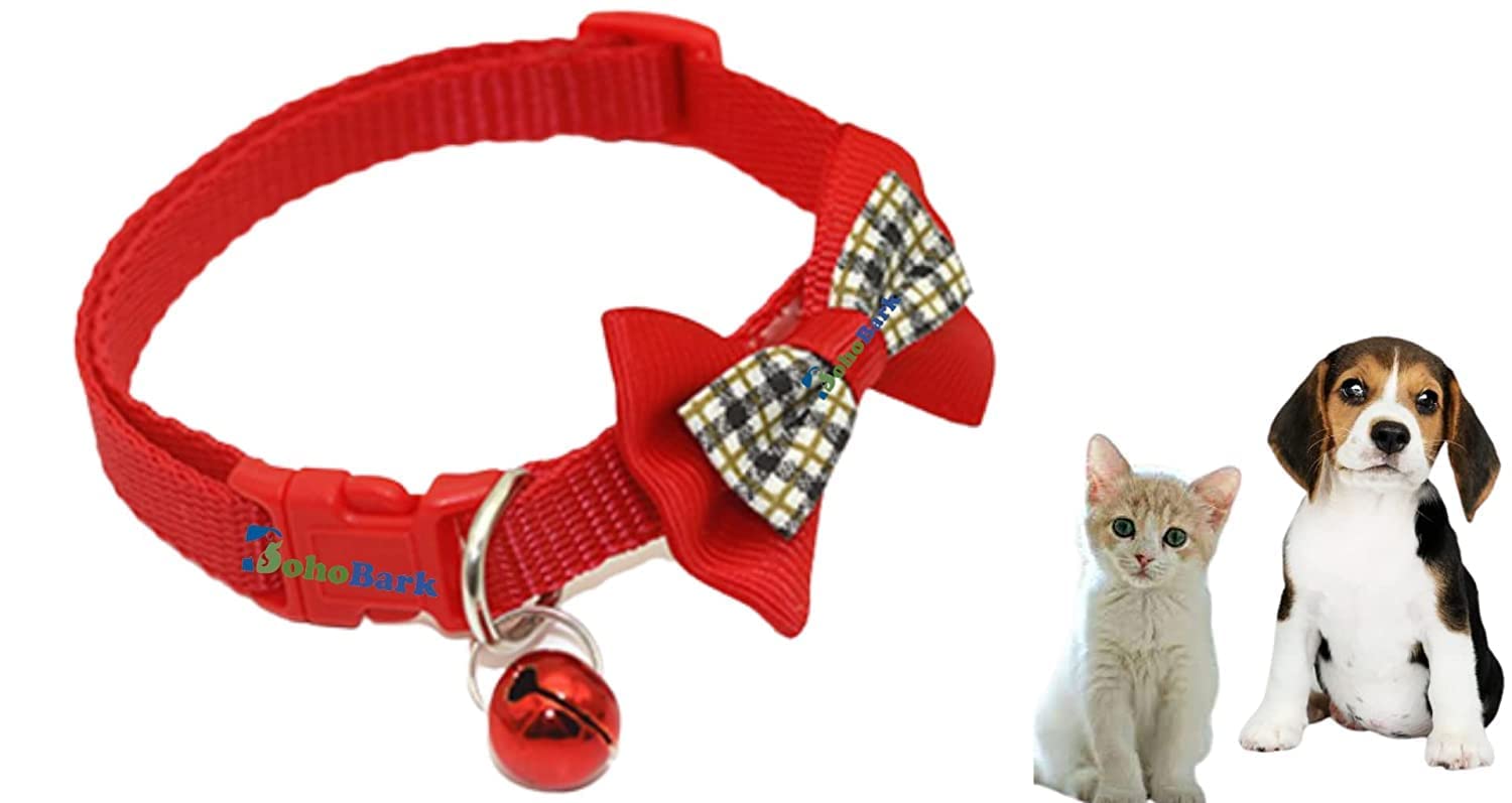 BohoBark Cat & Dog Collar Adjustable Safety Buckle Dog Cat Accessories Fashion Checkered Bowtie with Bell Summer Collection Collars Pack of 1 Pcs (Red, No 4) (B0C69Y2F7L) Amazon Price History, Amazon Price Tracker