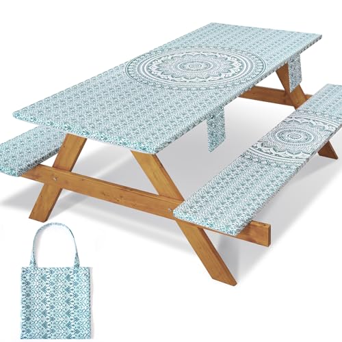 Fitted 6Ft Picnic Table Cover with Chair Covers Elastic Polyester Stain Resistant Reusable Camping Table Cloth Patio Glamping Equipment Hiking Rv Outdoor Necessities Gifts for Grandma Grandpa