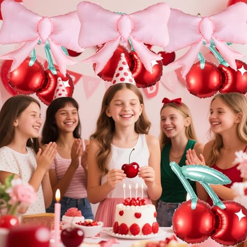 Image of Cherry and Pink Bow Balloons She is the Cherry On Top Party Decorations Cute Cherry Foil Balloons Red Fruit Mylar Balloons for Cherry Summer Themed Birthday Party Decoration Baby Shower