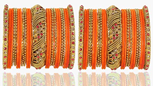 Image of NMII Metal with Zircon Gemstone and Beads Studded Ball Chain Linked Glossy Finished Velvet Bangles Chuda set for Women and Girls