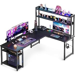 ODK L Shaped Gaming Desk with Hutch, Computer Desk with Storage Shelves, 66″ L Shaped Desk for Home Office, Corner Desk with Headphone Hook, Black
