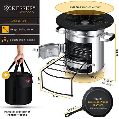 KESSER® Raketoven incl. grillpan van gietijzer met draagtas Dutch Oven BBQ raket houtkachel camping kooktoestel campinggrill roestvrij staal zilver - Afbeelding 8