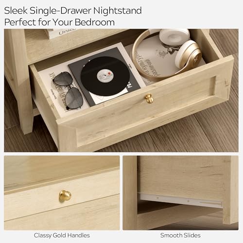 Image of EYYTHUNG Wooden Nightstands with Drawer Modern 24 inch Wide End Table Night Stand Large Farmhouse Bedside Table with Open Shelf Mid Century Night Stands for Sofa, Light Oak