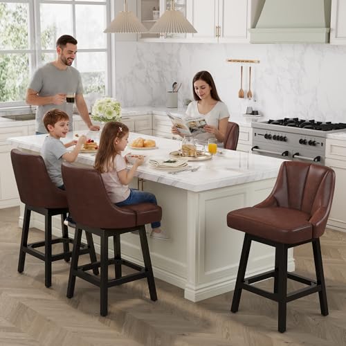 Image of YaFiti 26 inch Swivel Bar Stool 1 PC with Back, Square Wood Leg, Leather Brown