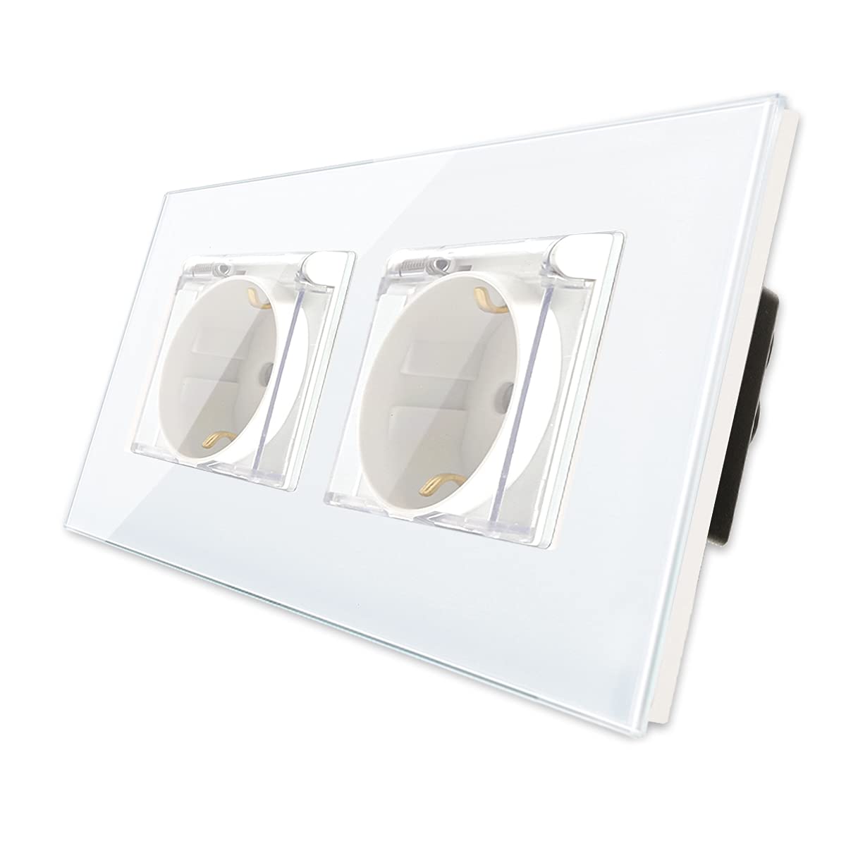 CNBINGOGlass Schuko Socket Flush-Mounted - with Waterproof Lid and Glass Frame - Wall Socket Double in White - Suitable for Washrooms, Kitchens