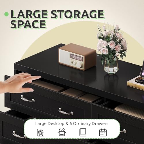 GOOBED Farmhouse 6 Drawer Dresser for Bedroom, TV Stand with Large Drawers & Bar Handles, Storage with Power Outlets, Rustic Wood Chest of Drawers, Black