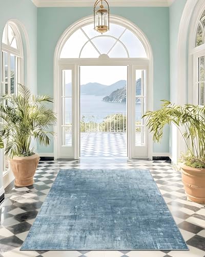 Latte&Fog 3x5 Entryway Rug Indoor, Modern Abstract Washable Area Rug, Boho Non Slip Low Pile Throw Carpet for Indoor Bedroom Bedside, Kitchen, Entry and Living Room - Blue